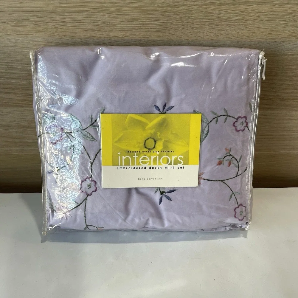 Vtg Interiors King Size Duvet Mini Set Lavender Embroidered Floral NEW NIP NOS